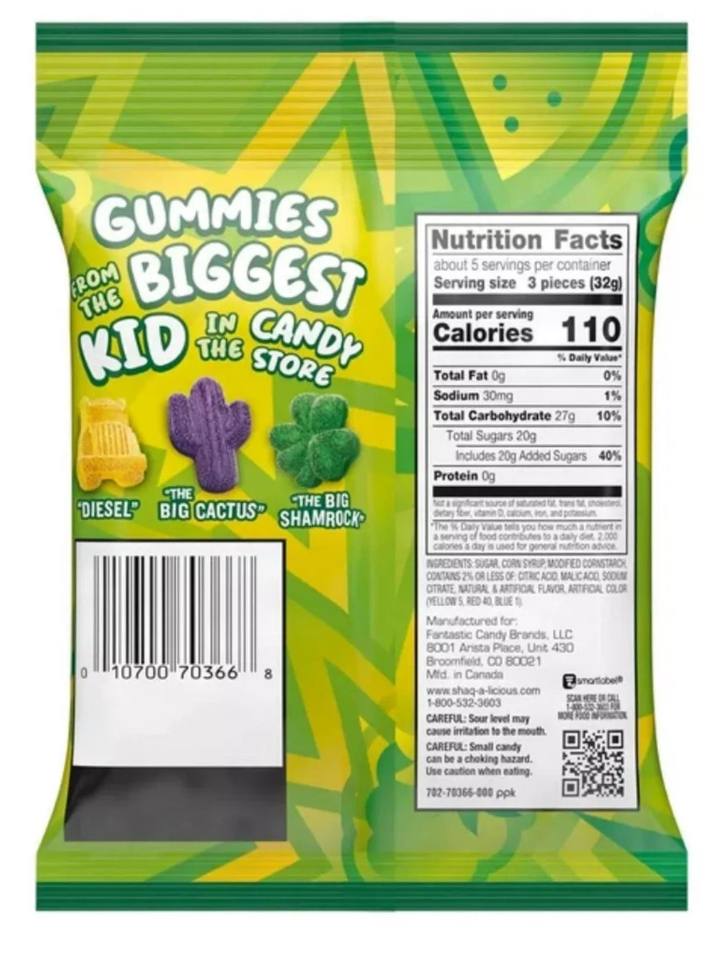 Shaq-A-Licious XL Gummies Sour Watermelon, Mixed Berry & Pineapple Peg Bag (175g)